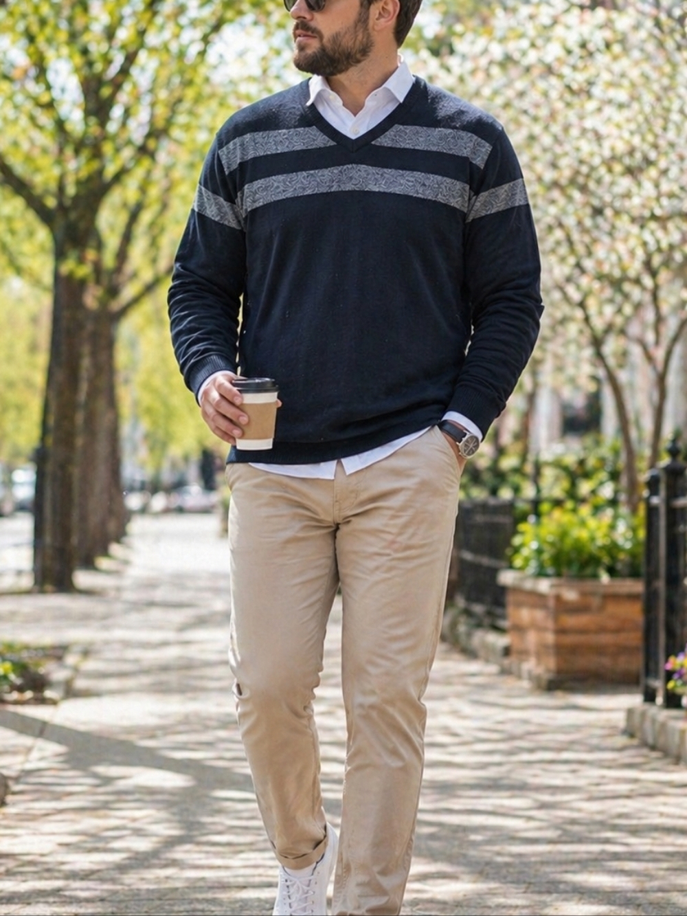 Grayson & Dunn 100% Cotton Navy V-Neck Sweater Men’s Gray Stripe Classic Preppy